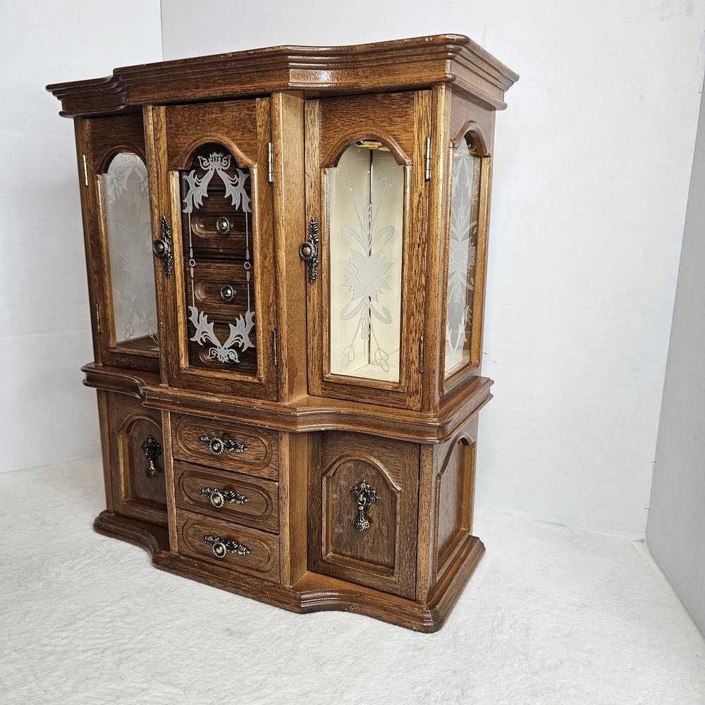 Vintage Wooden Jewelry Box Armoire Mirror Drawers Glass Doors 17X15